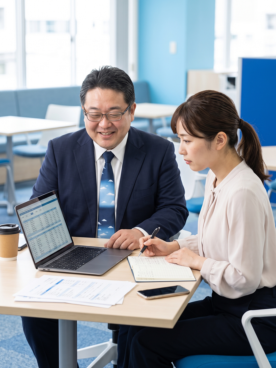 個人事業主とパソコンを見ながら相談する税理士