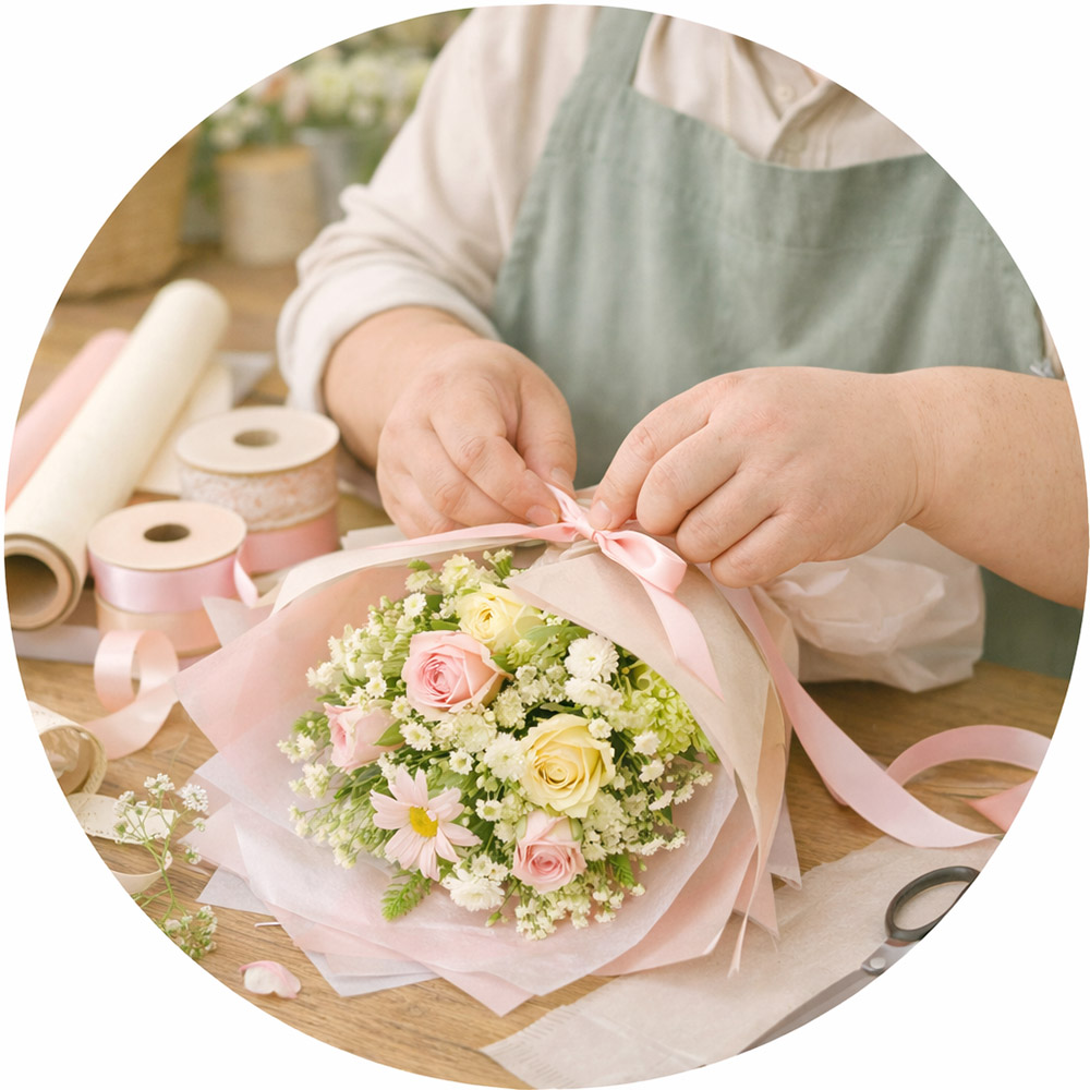 花束をラッピングする手仕事