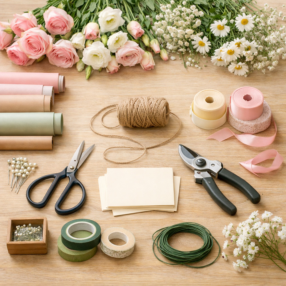 花束づくりの道具と季節の花