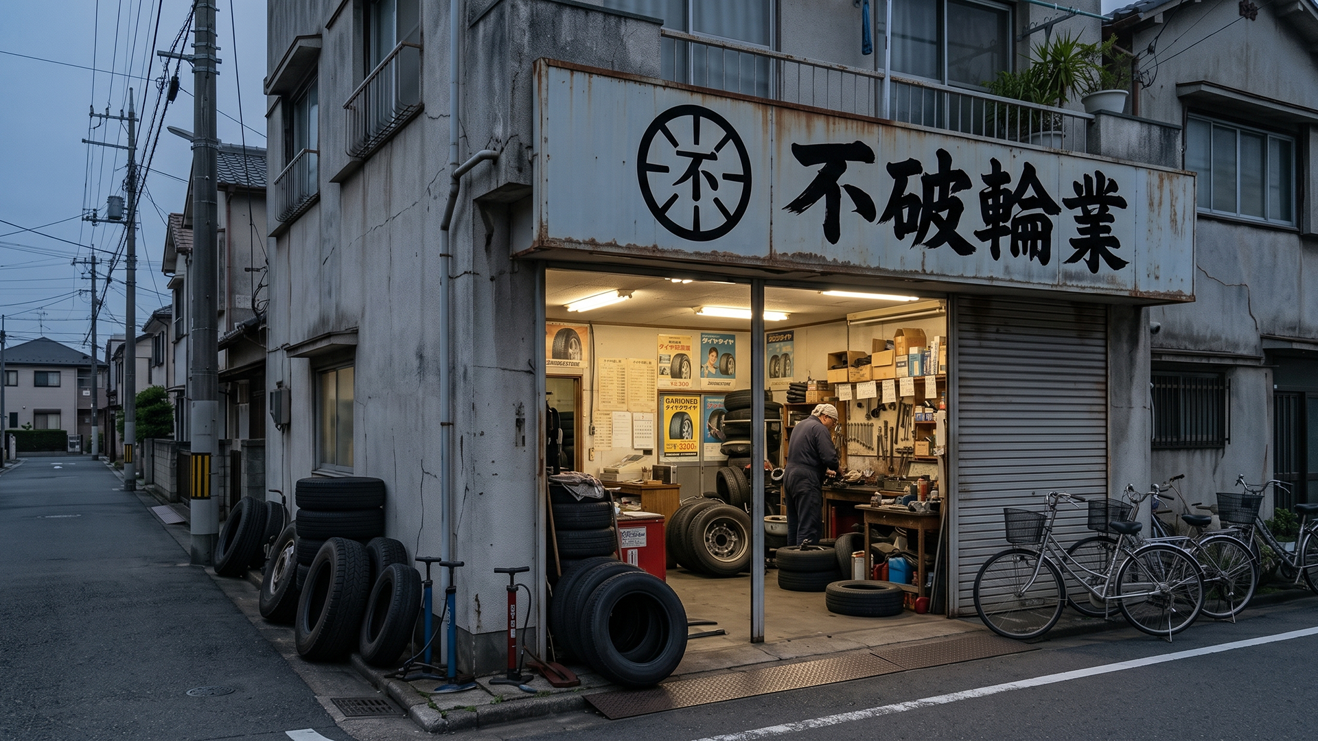 夕暮れの不破輪業。店内では店主の不破修治が作業を続けている