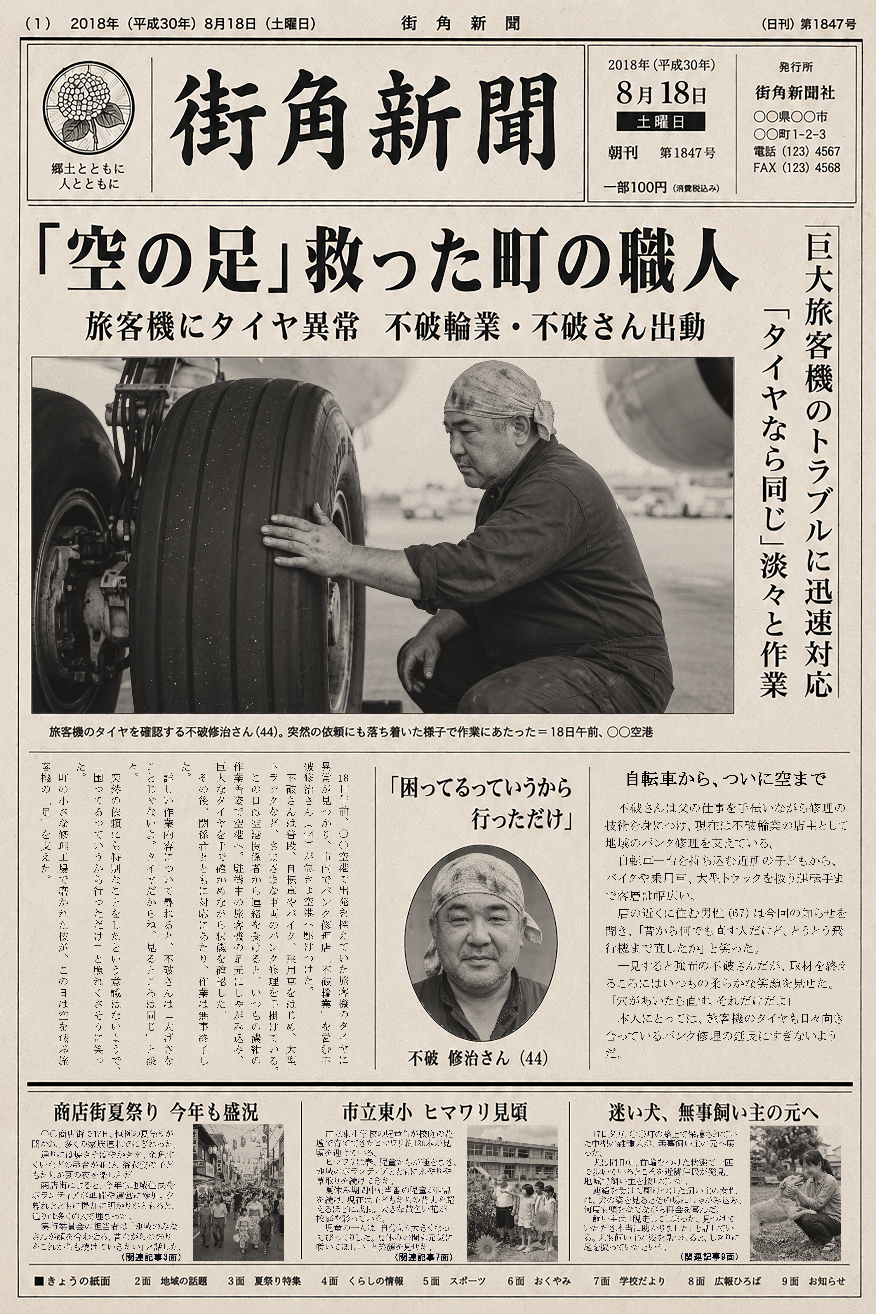 2018年8月18日付の街角新聞。不破修治が旅客機のタイヤトラブルに対応した記事