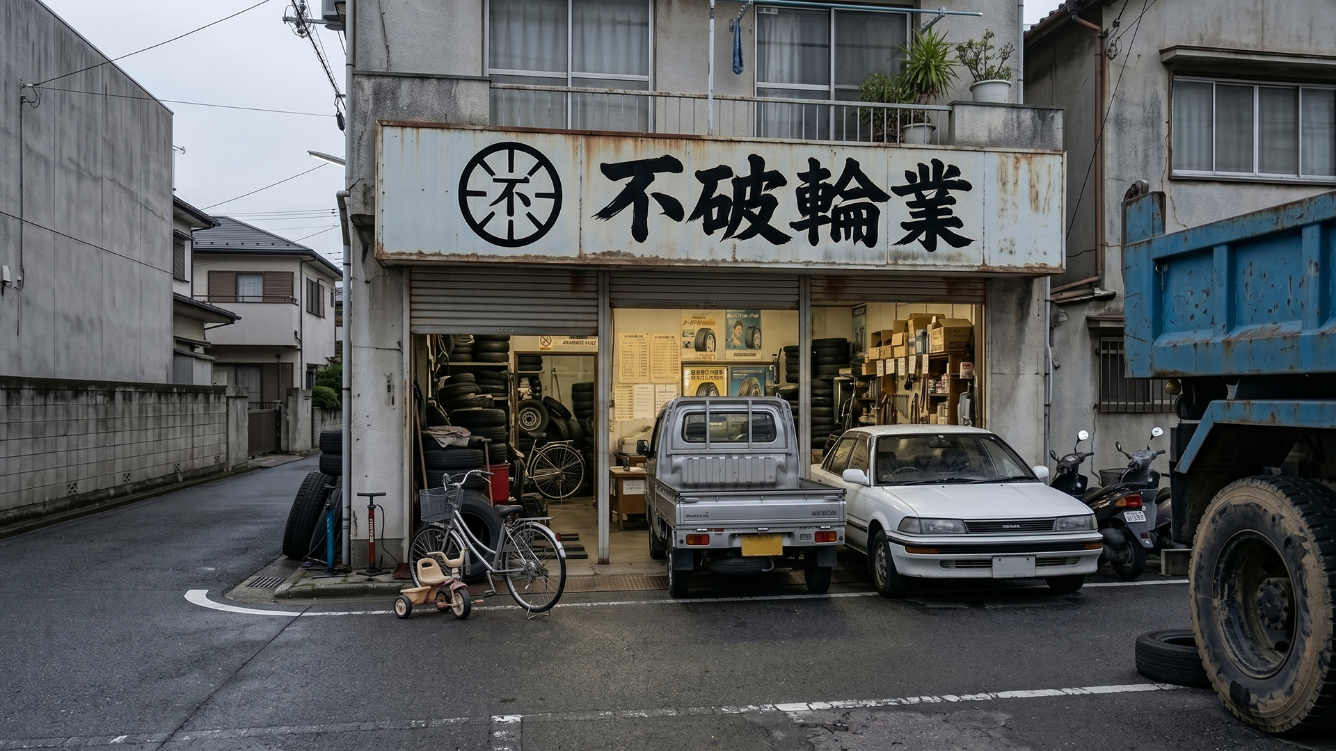 不破輪業の店先に並ぶ三輪車、自転車、バイク、乗用車、軽トラック、大型車
