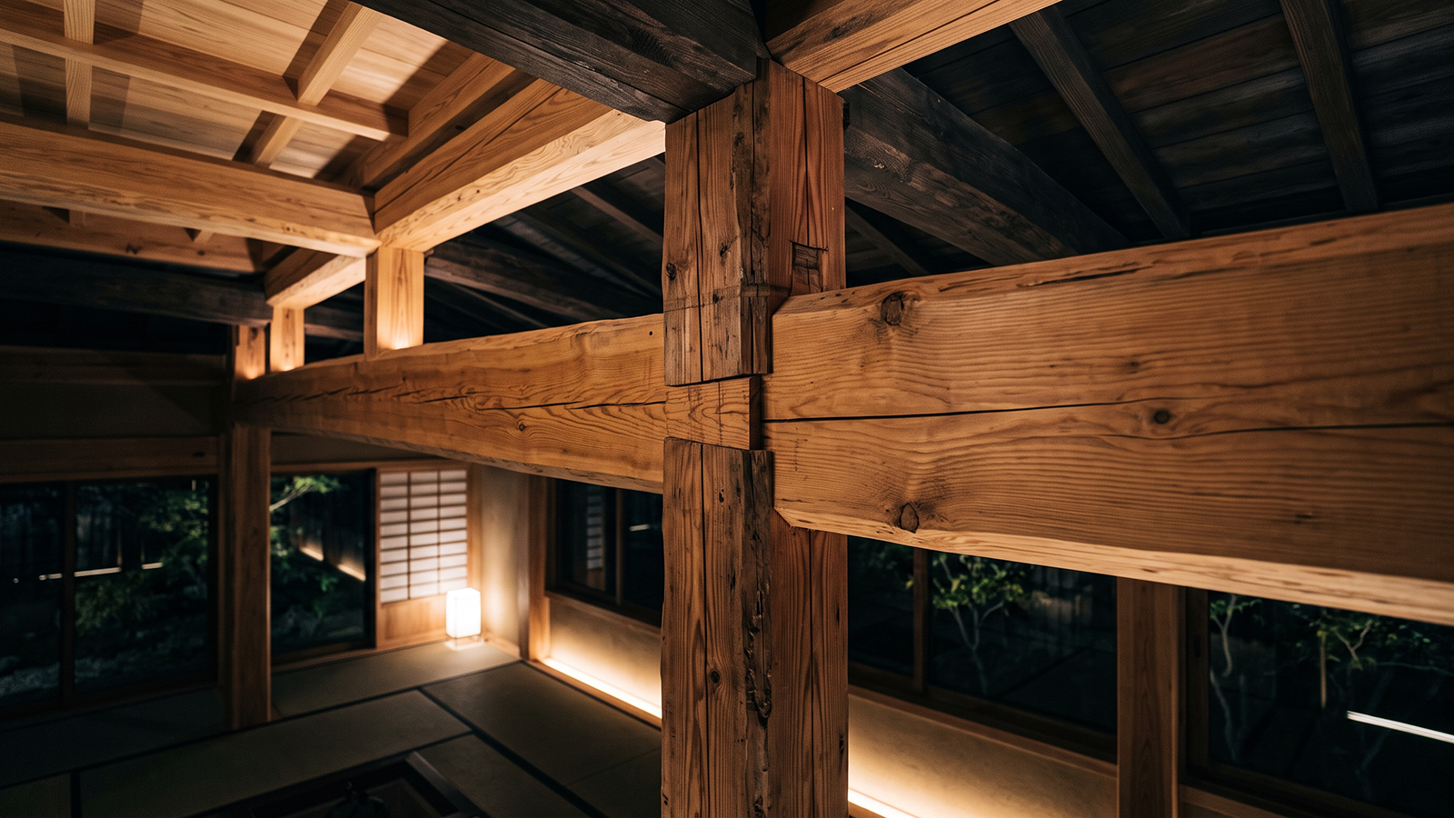 星月夜旅館の伝統的な木組み