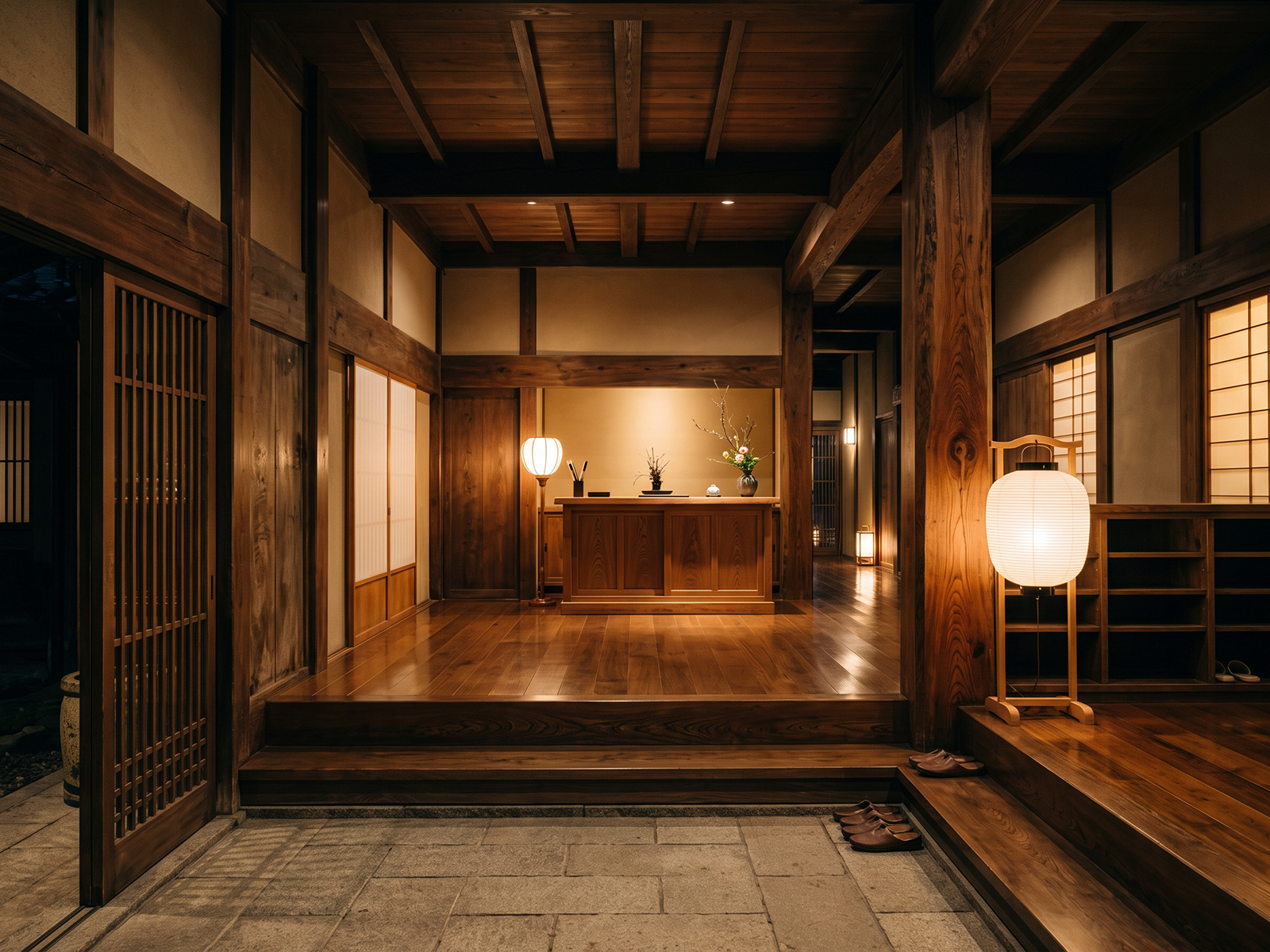 星月夜旅館の玄関と帳場