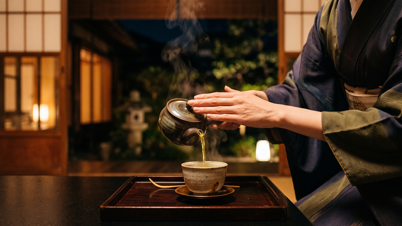 温かいお茶を注ぐ仲居