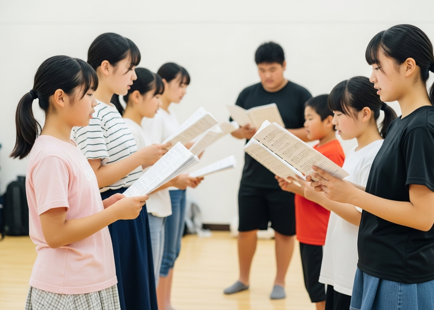 台本を持って演技練習をする子どもたち