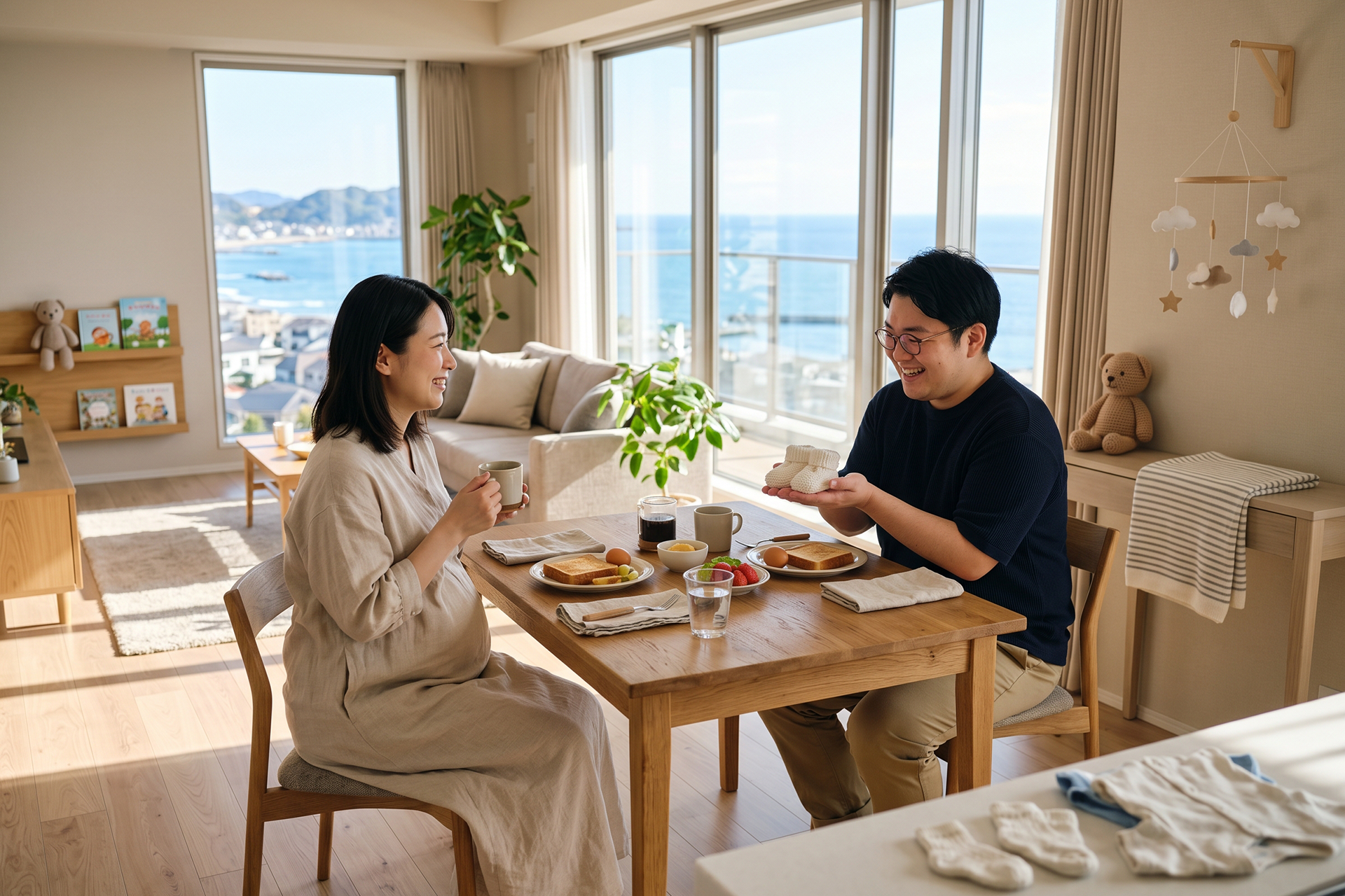 海を望む住まいで新しい家族を迎える夫婦