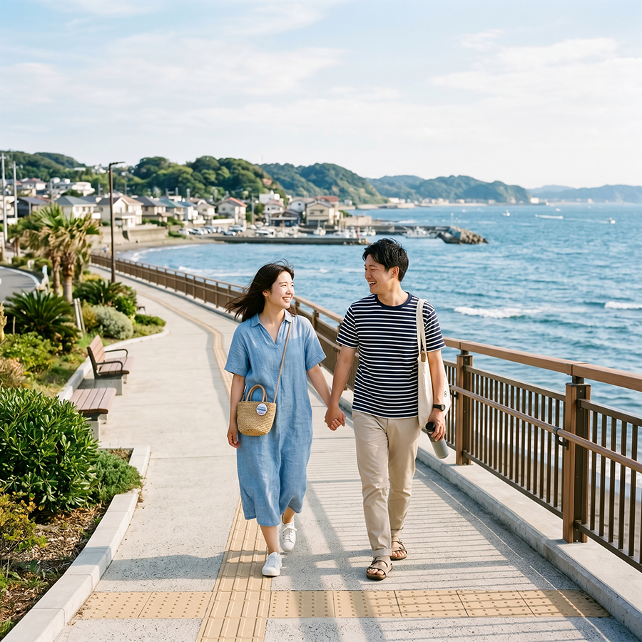 海辺の遊歩道を歩く夫婦