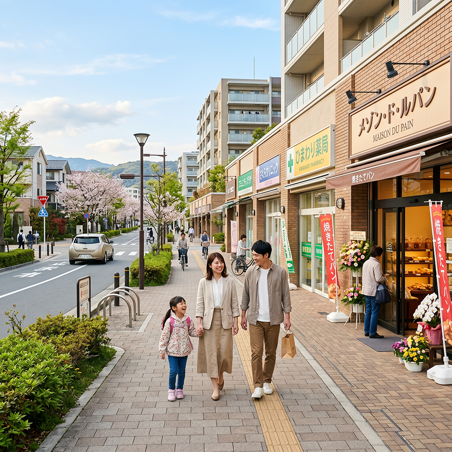 生活施設が揃う街並みを歩く家族