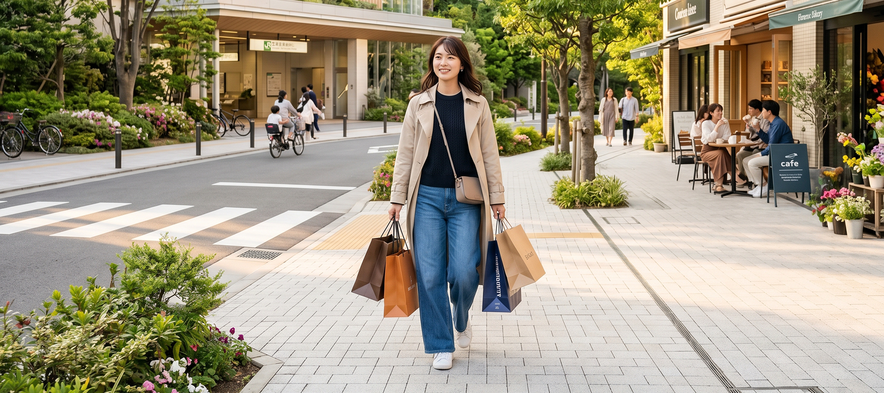 駅前の緑豊かな街並みを買い物帰りに歩く女性