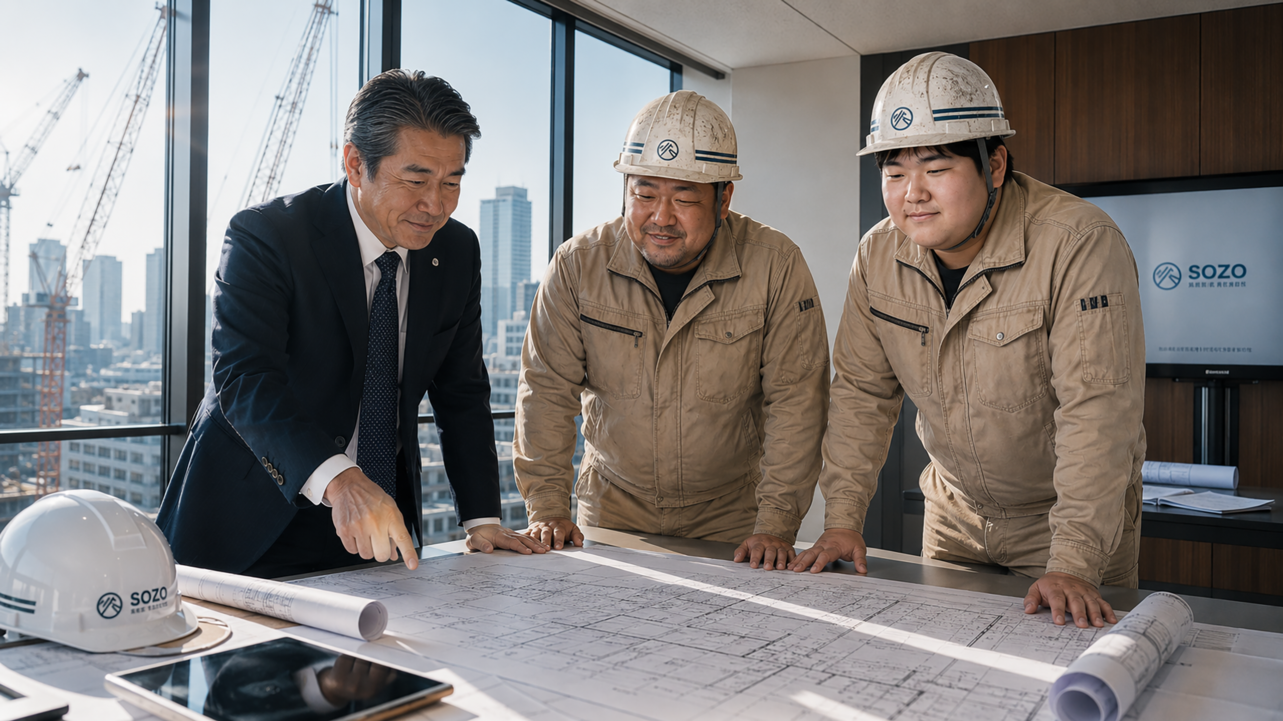 図面を囲んで打ち合わせをするSOZO Constructionの社員