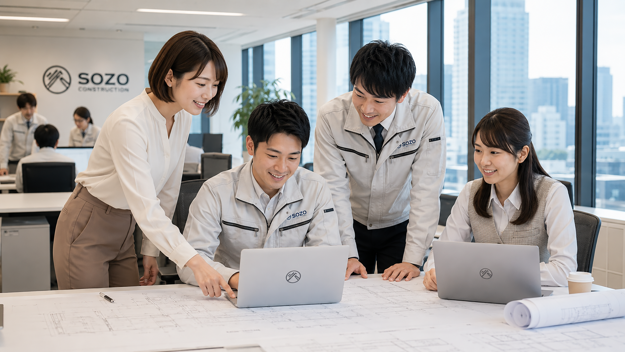 オフィスで相談しながら仕事を進めるSOZO Constructionの社員