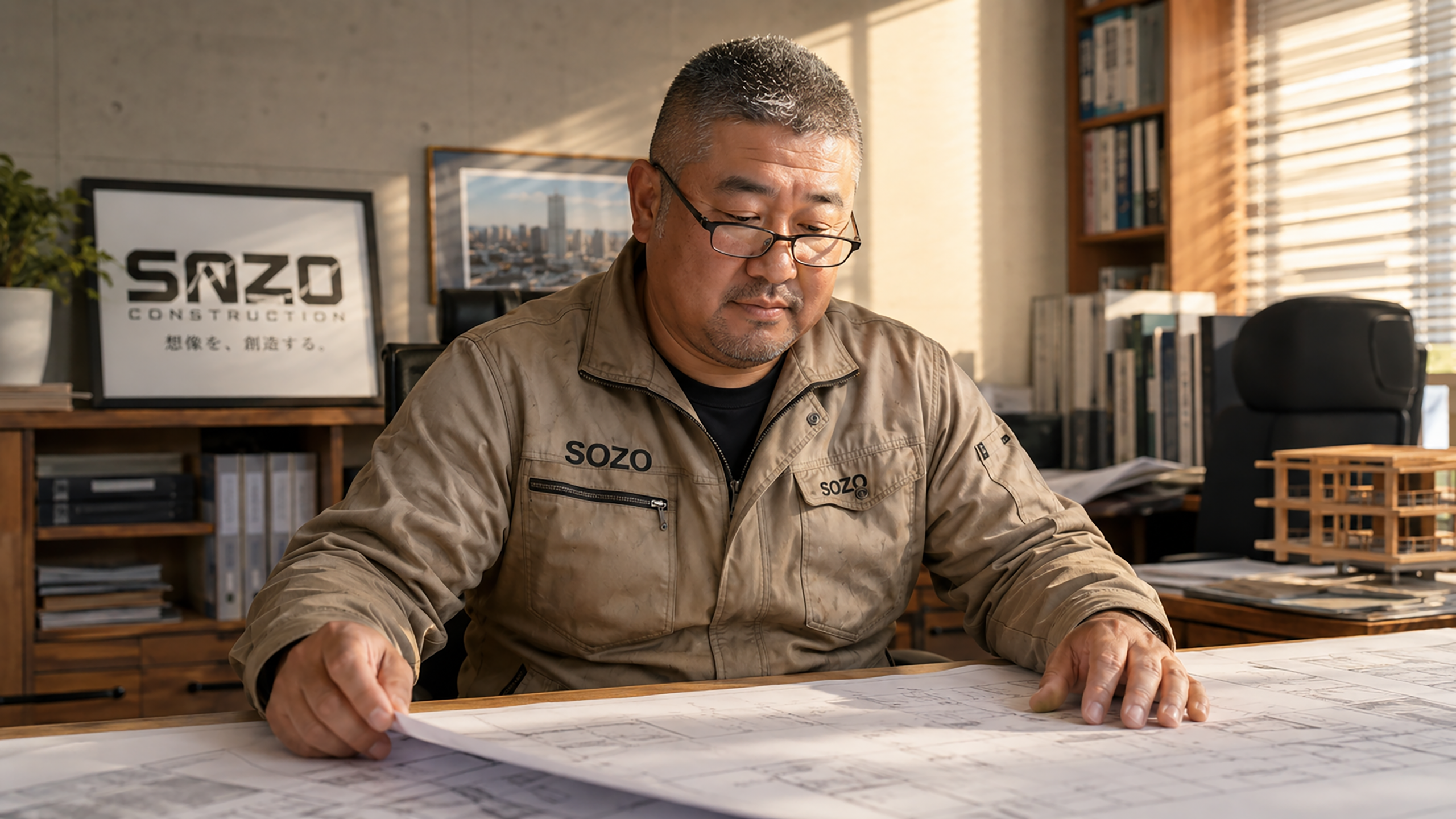 図面に向き合うSOZO Construction代表