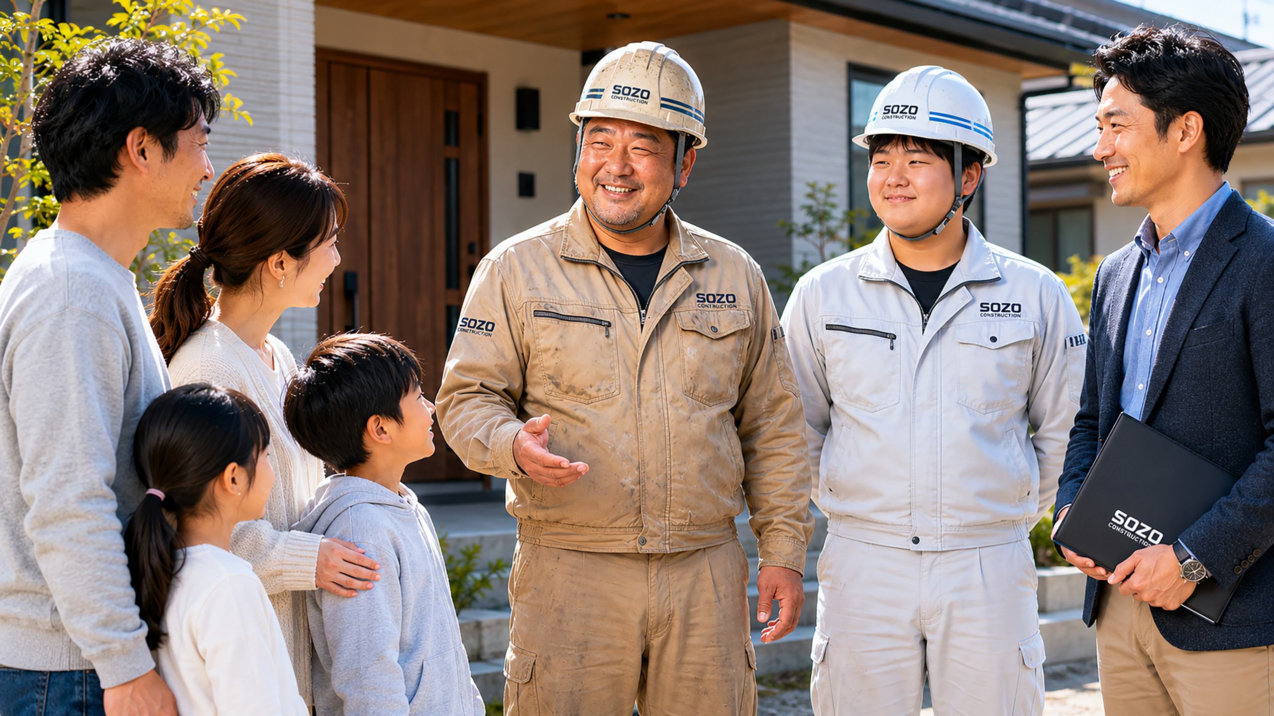 住宅の前で家族と話すSOZO Constructionの社員