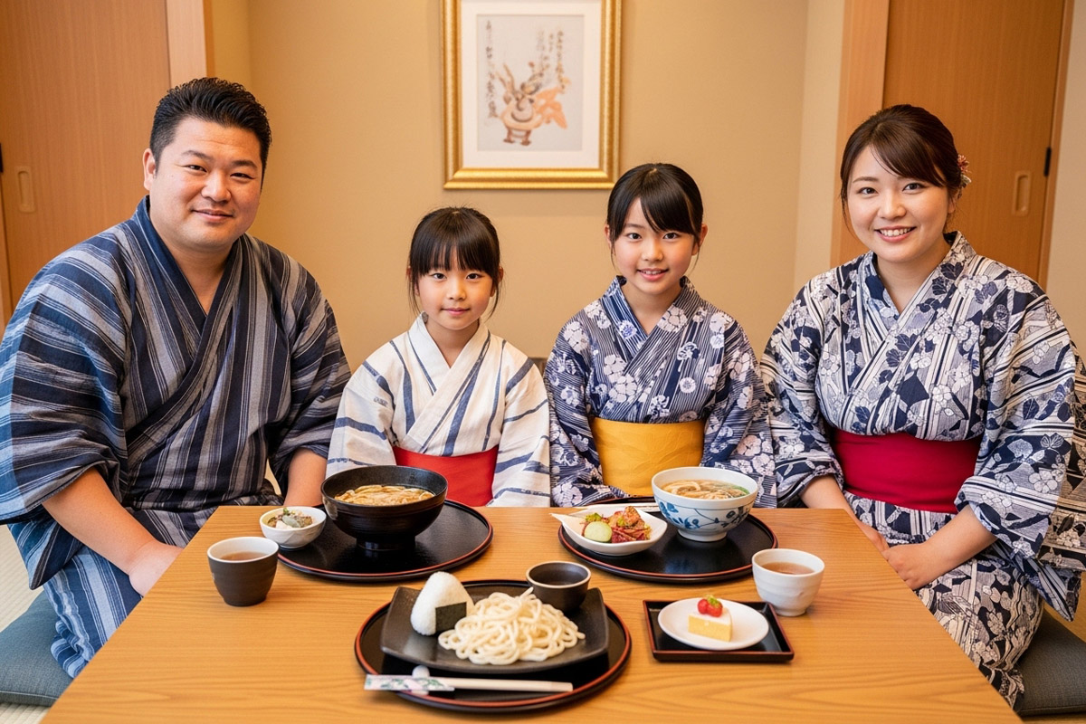 館内で軽食を楽しむ家族