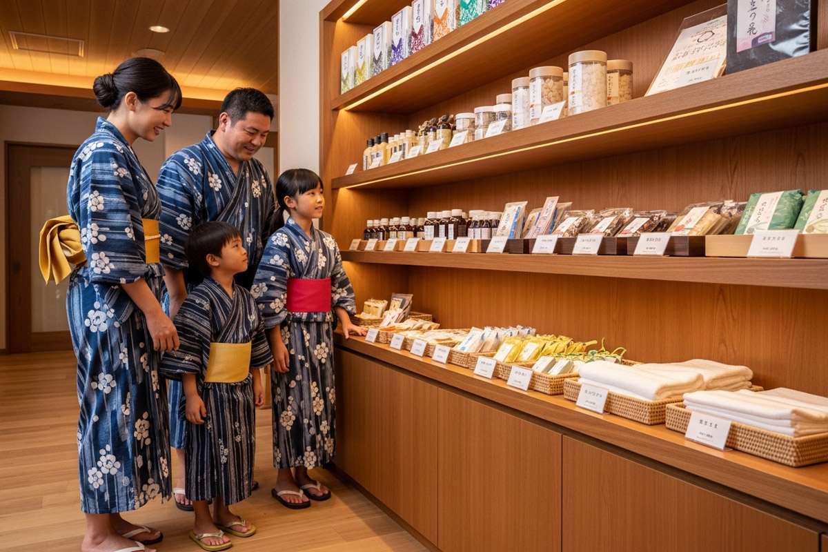 お土産コーナーを見る家族