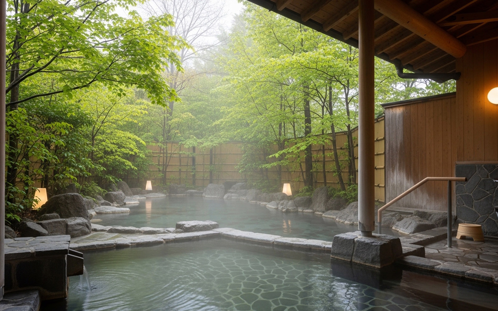 森に囲まれた春の泉温泉の露天風呂