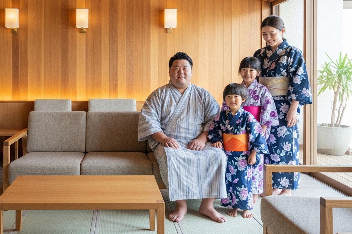 館内着で食事を楽しむ家族